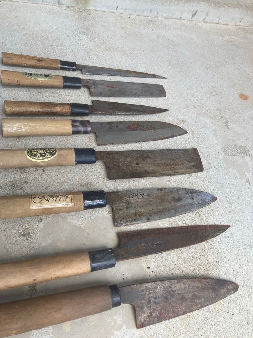 Japanese Kitchen Knives Set of 8 Used Includes Deba Yanagiba Gyuto Rusty