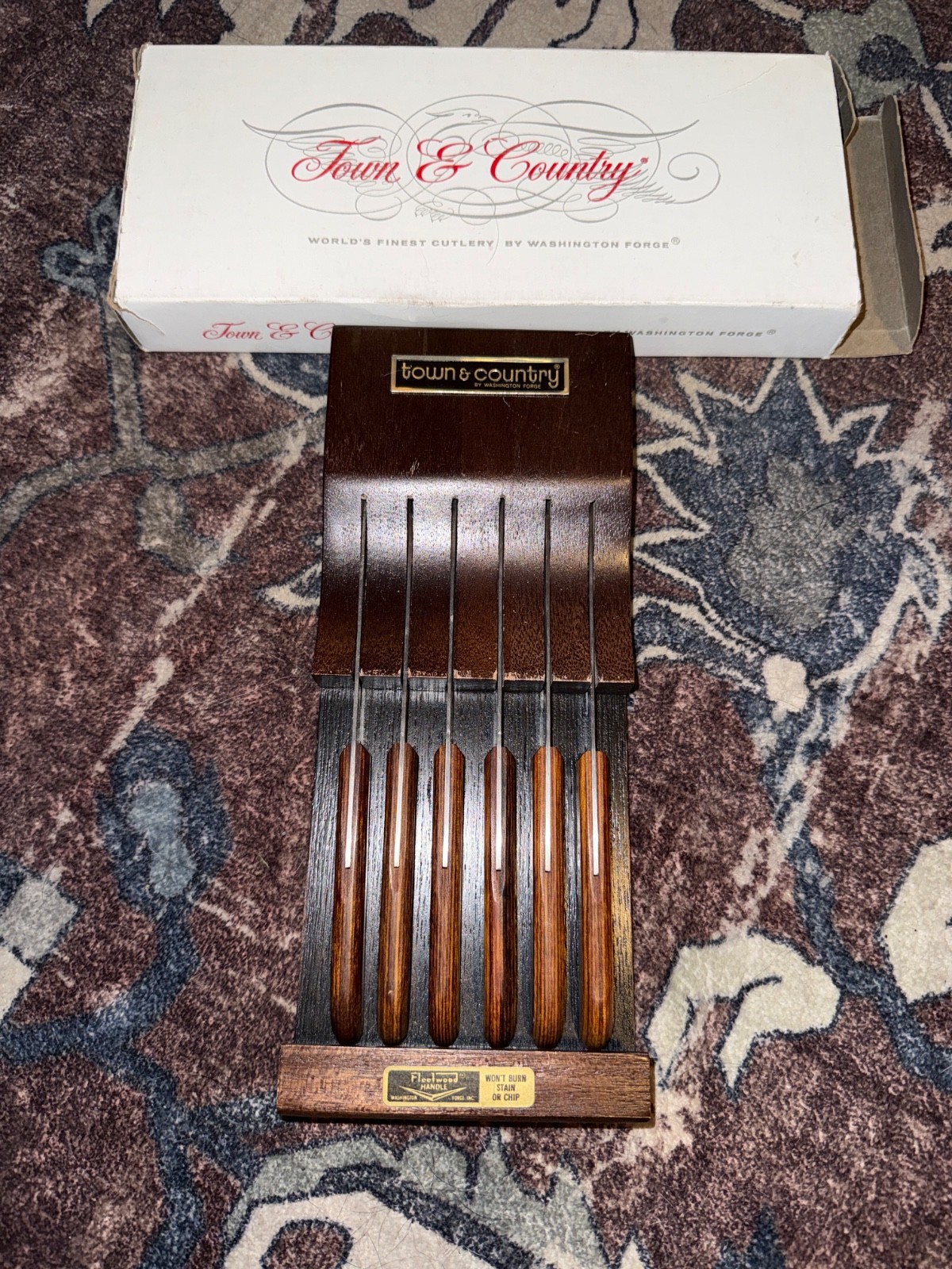 Vintage MCM Town & Country Washington Forge 6 Pc Steak Knife Set Fleetwood Teak