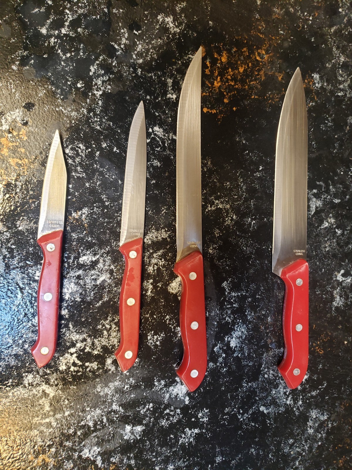 Red Handle Kitchen Knives 4 Pc Set Stainless Steel