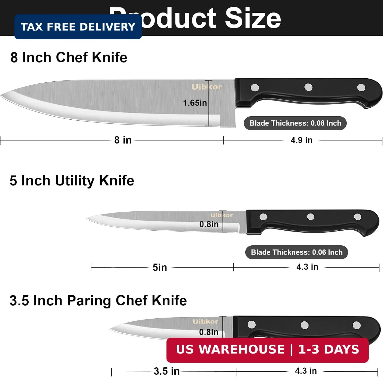Kitchen Knife, 3-Pcs Knife Set, 8 Inch Chef Knife, 5 Inch Utility Knife | 3.5 In