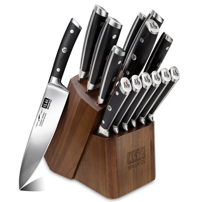 SHAN ZU Kitchen Knife Set with Block, 14-Piece Professional German Chef’s Knife