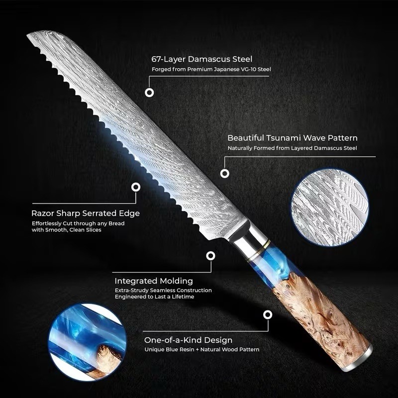 Damascus Steel Knife – 5 Piece Set – Unique Blue Resin Wood Handle w/ Gift Box