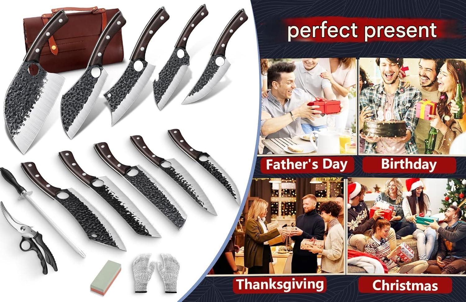Serbian Chef Knife Set Hand Forged Butcher Knife Set with Bag Brisket & Trimming