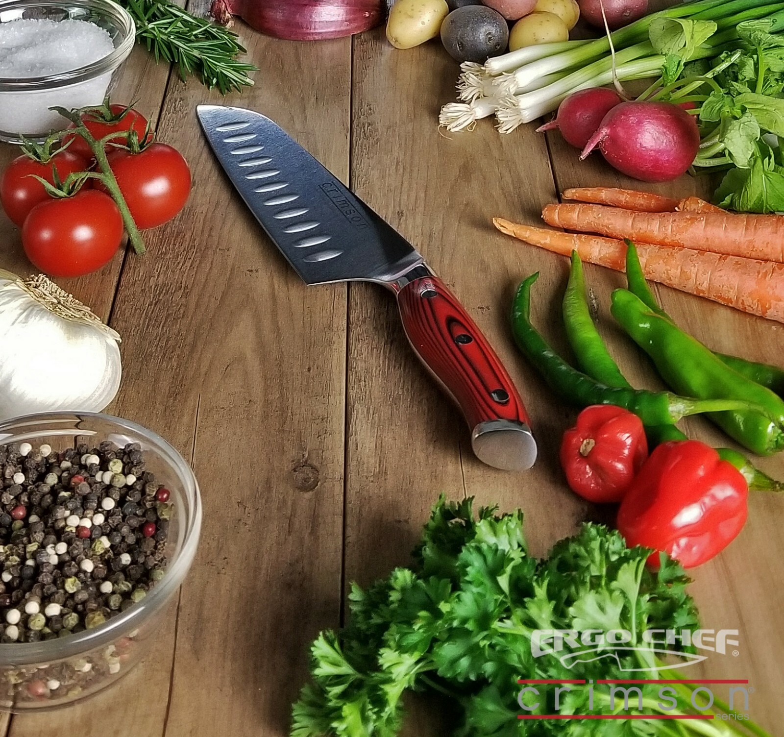 Ergo Chef Crimson Series 7″ Santoku Knife German Steel G10 Handle Granton Edge