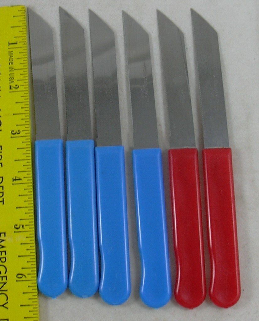 Sushi Fruit 6 Small Plastic Handle Stainless Knife Red & Blue made Japan LOT