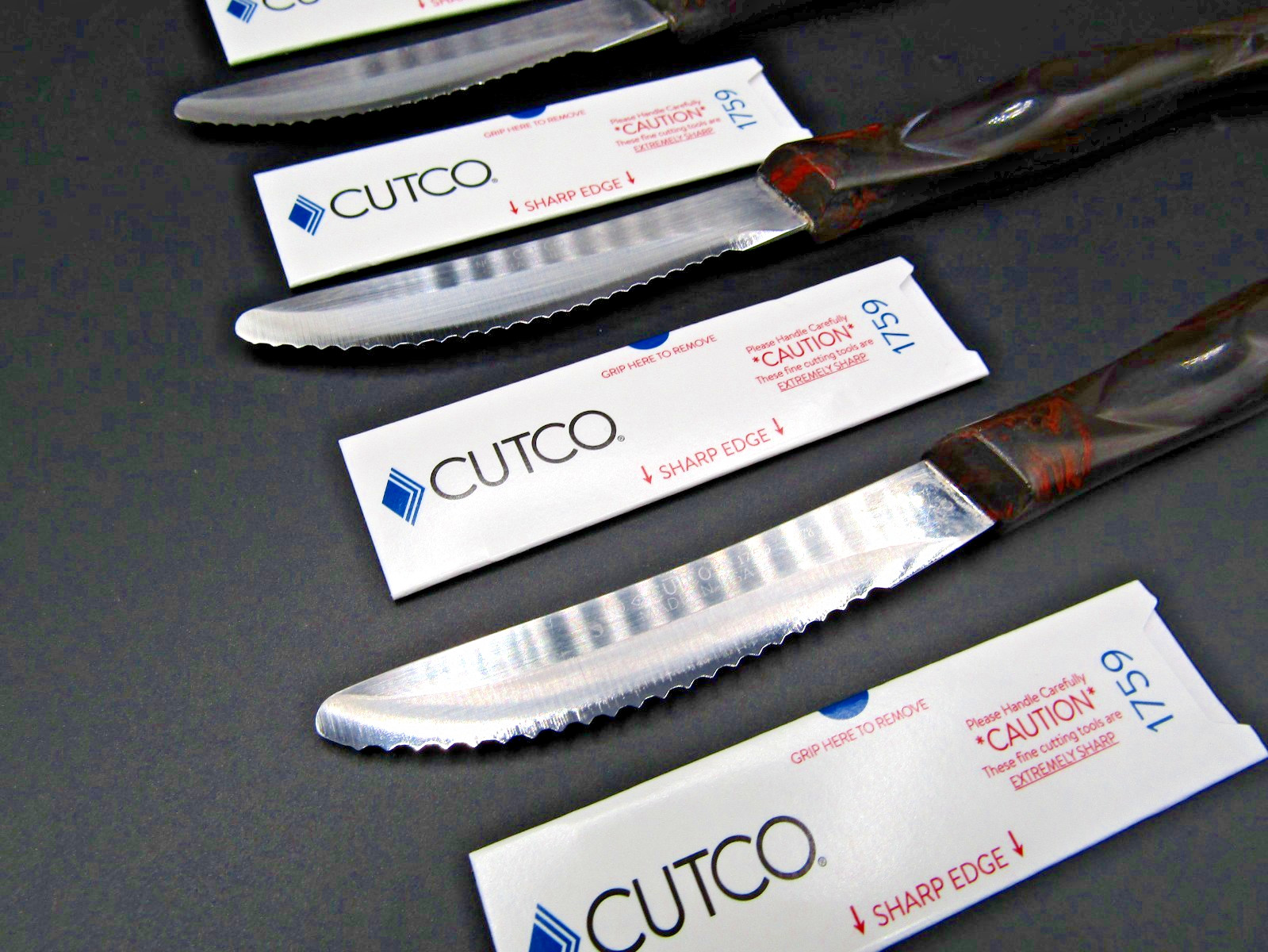 Quality Cutco x4 Lot Table 1759 A78 Serrated Knives Orange Swirl Handle Serviced