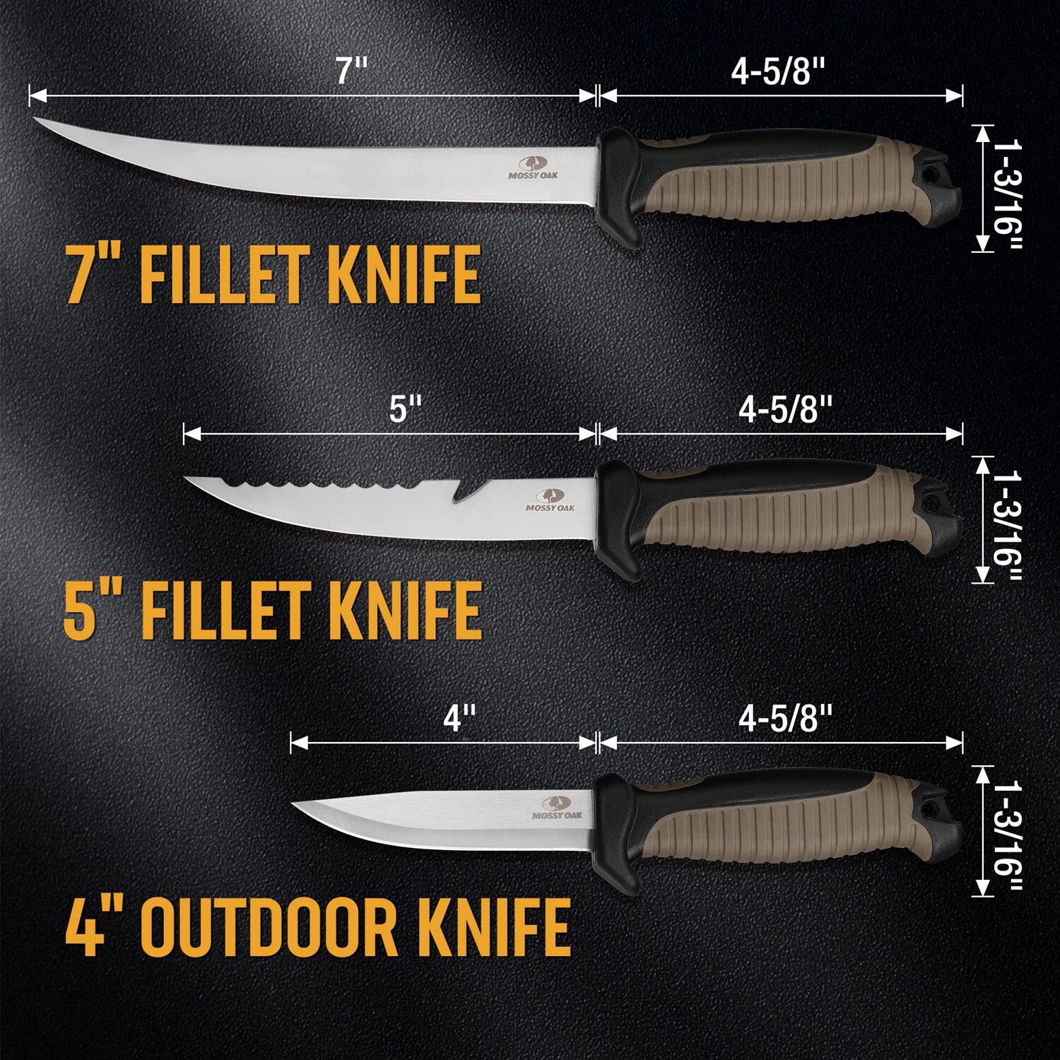 Mossy Oak 3PCS Stainless Steel Fishing Knife Sets Filet Knife Dual-Color Handles
