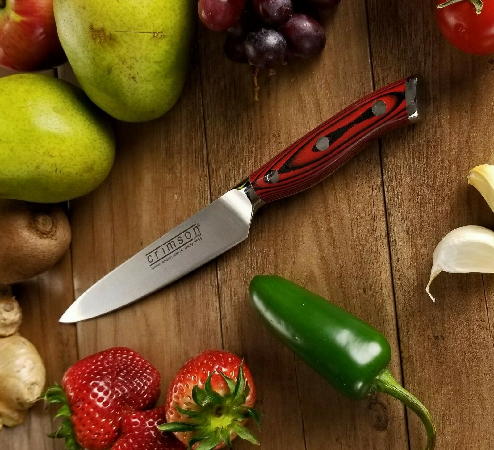 16 pc. Bamboo Block knife set G10 Handles German Steel CRIMSON Series Ergo Chef