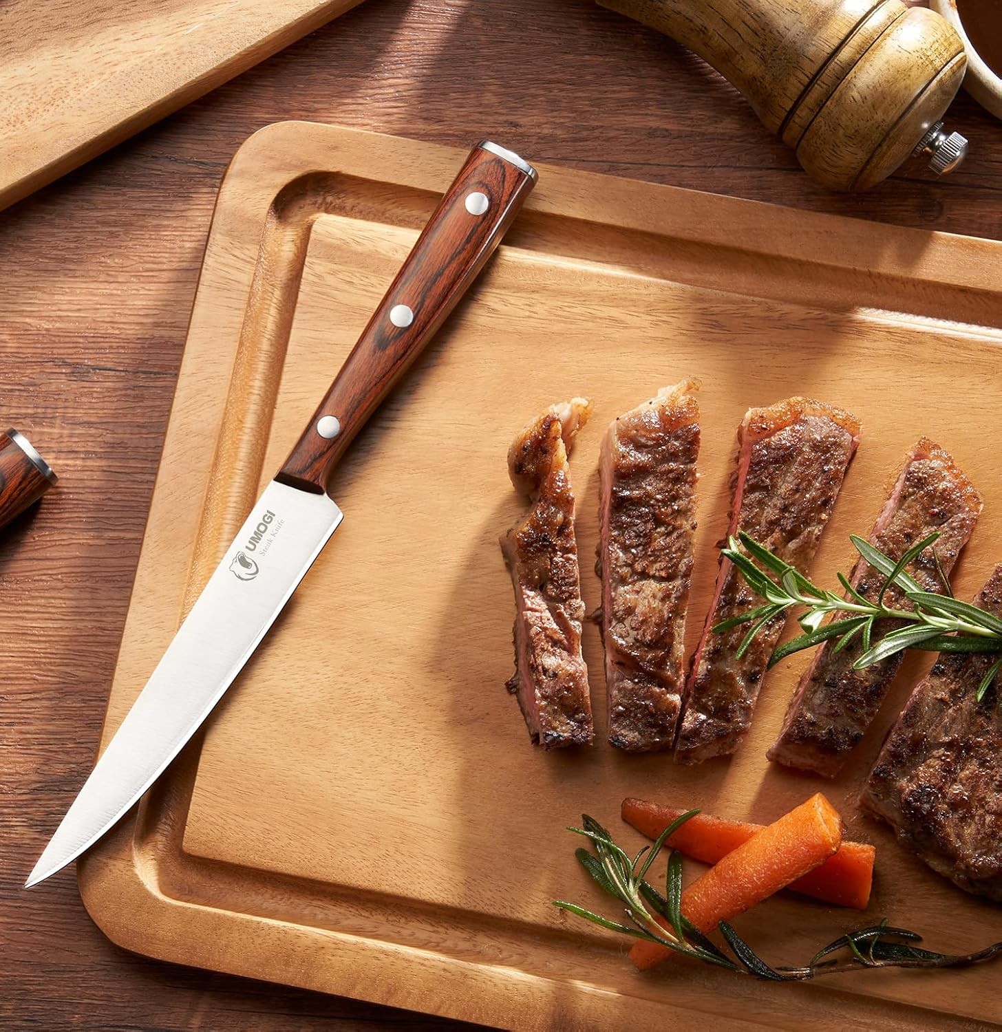 Premium Steak Knives Set of 6 in Gift Box – Polished Wood Handle, HC German Stai