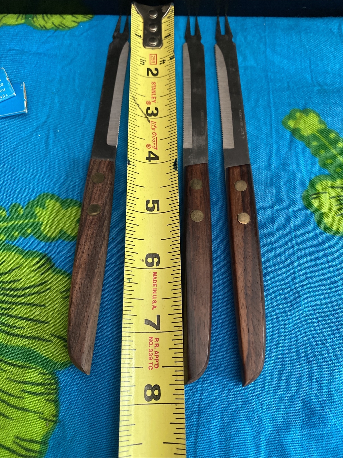 Vintage Lot 3 Hors D’ Oeuvre Serrated Knives Rivets Exotic Wood See Photos Japan