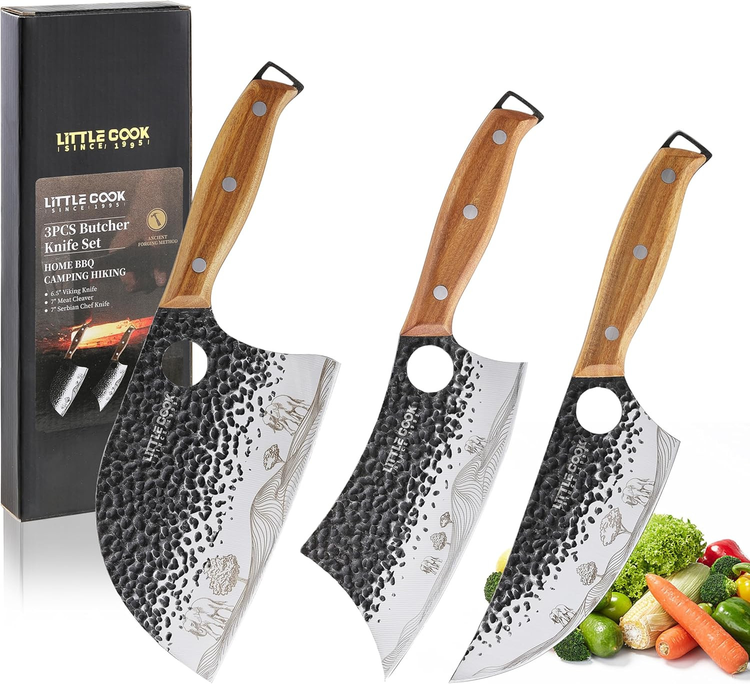3PCS Butcher Knife, 7″ Meat Cleaver, 7″ Serbian Chef and 6.5″ Viking, Hand Forge