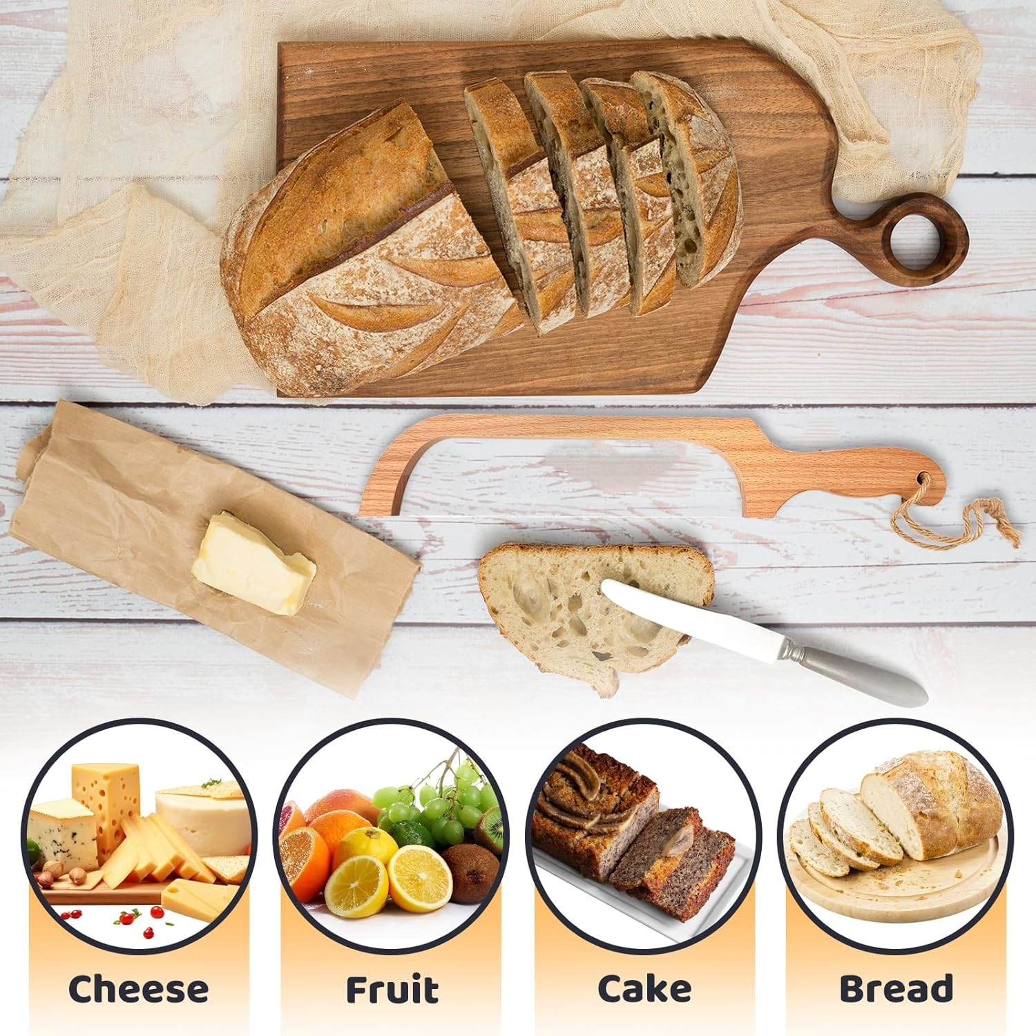 Bread Slicer for Homemade Bread,16″ Wooden Sourdough Bread Knife with Bow Design