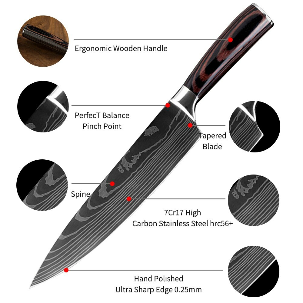 8 Pcs Kitchen Knives Set Japanese Damascus Pattern Stainless Steel Chef Gift Box