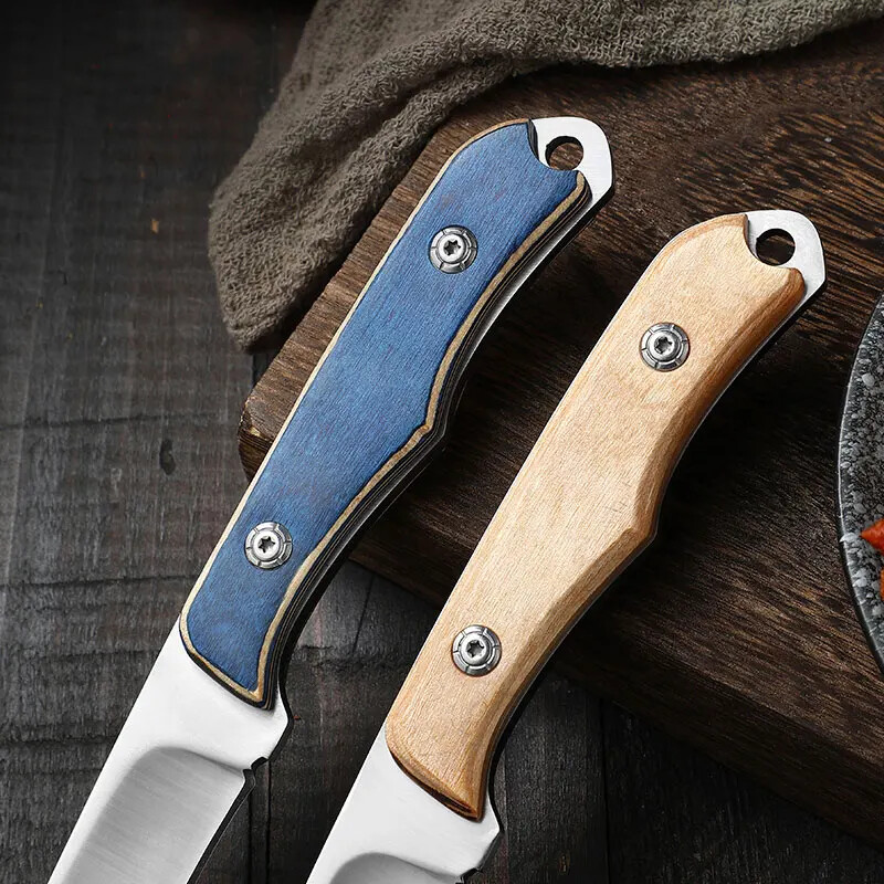 portable steel knife with sheath and wood handle for grilling and fruit cutting