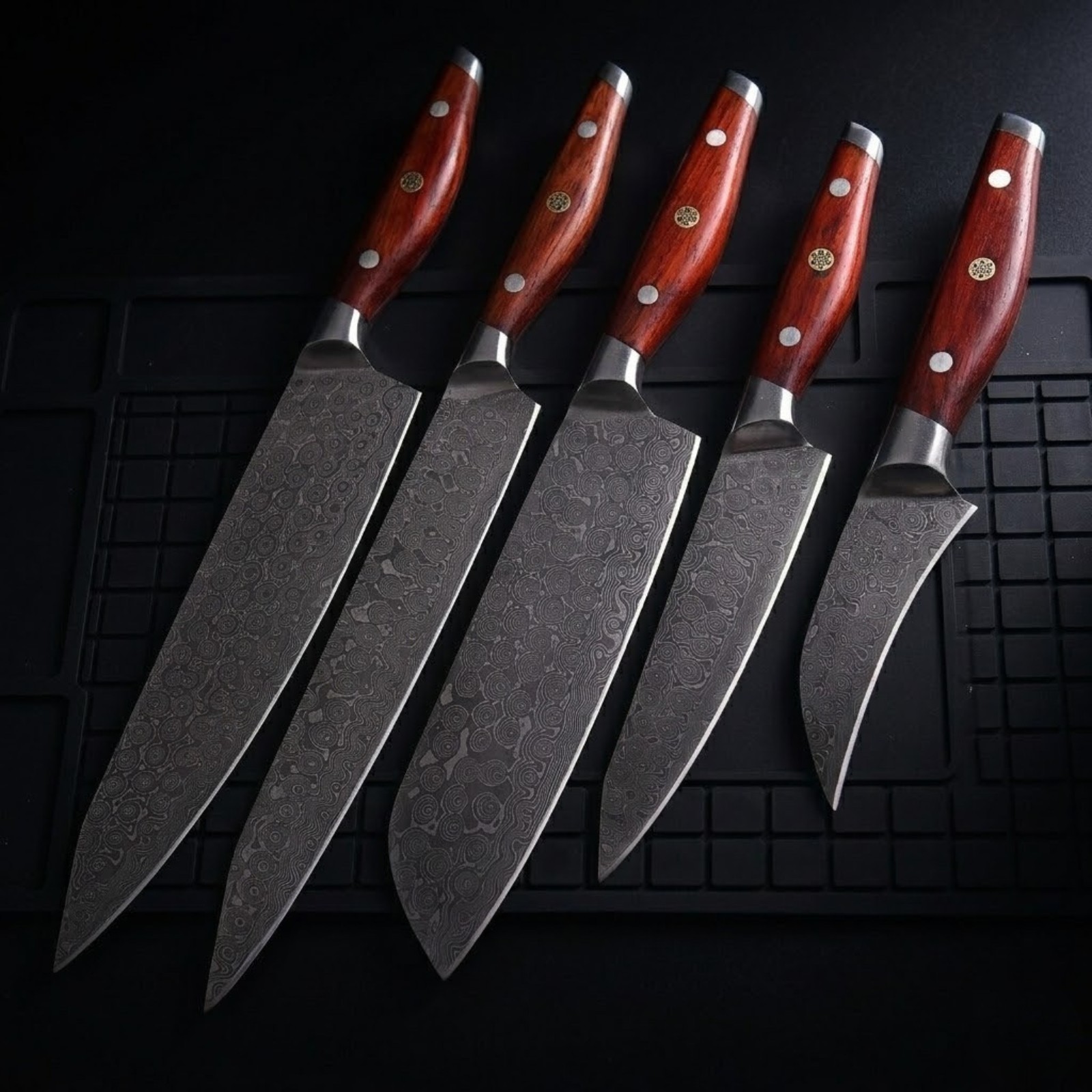 Damascus Chef Knife Set Handmade Forged Steel Kitchen Knives Set Rosewood 5 Pcs