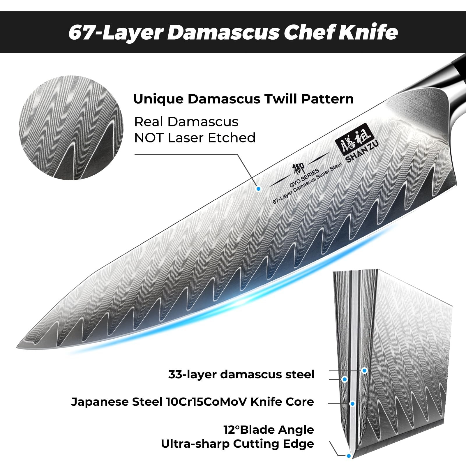 SHAN ZU 8 in Chefs Knife Damascus Kitchen Knife Ultra Sharp Japanese Chef Knives