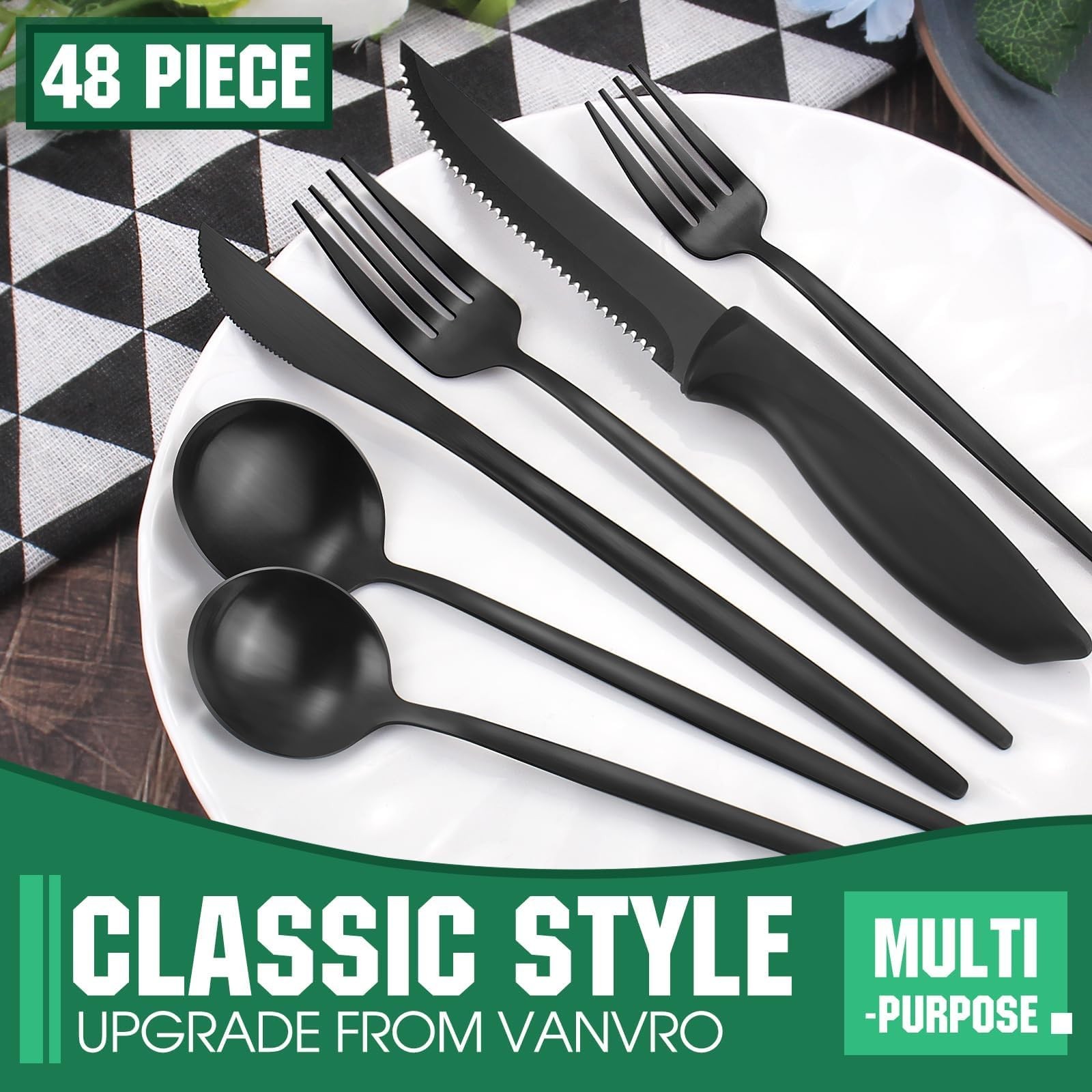 48 Pieces Matte Black Silverware Set with Steak Knives,Satin Finish tableware…