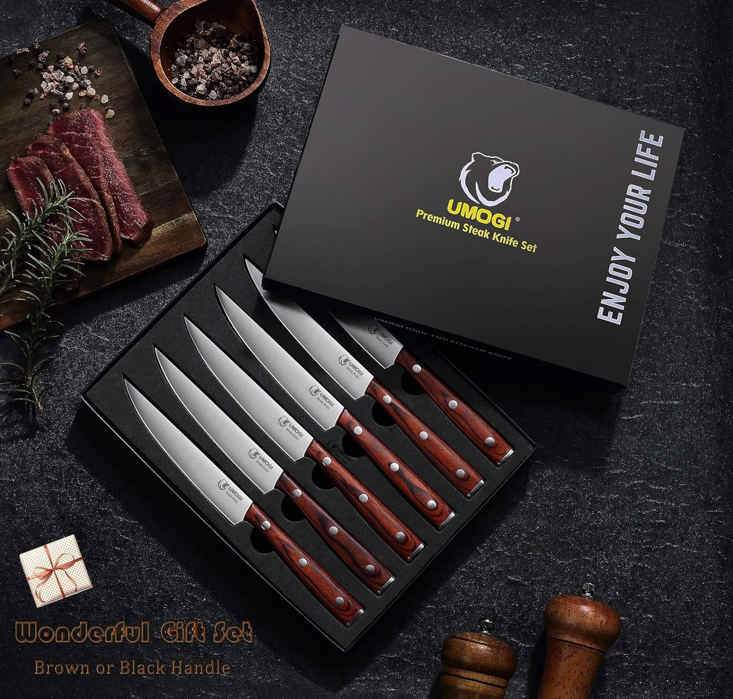 Premium Steak Knives Set of 6 in Gift Box – Polished Wood Handle, HC German Stai