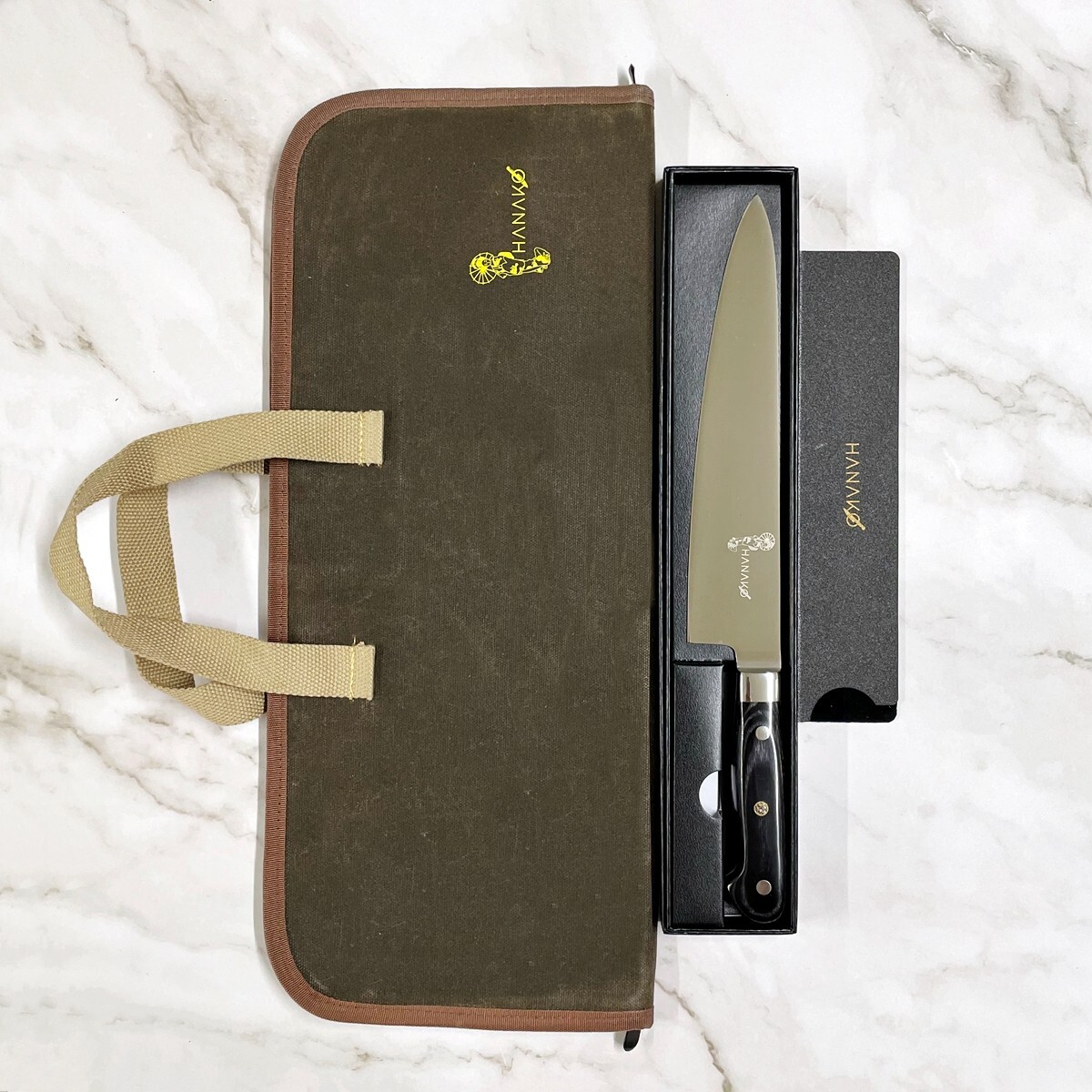 9.5 in Chef Knife German Steel Pakkawood Handle + Edge Guard Green Storage Case