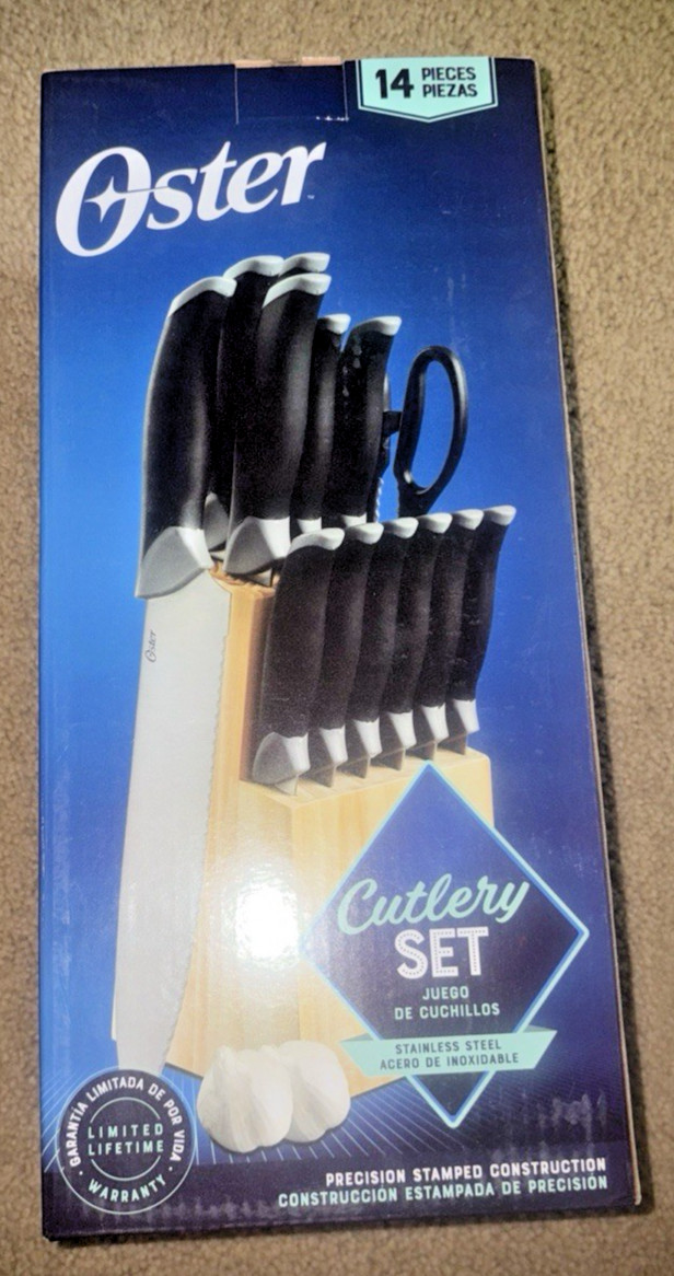 Oster Lingbergh 14 Piece Stainless Steel Cutlery Knife Set w Pine Wood Block