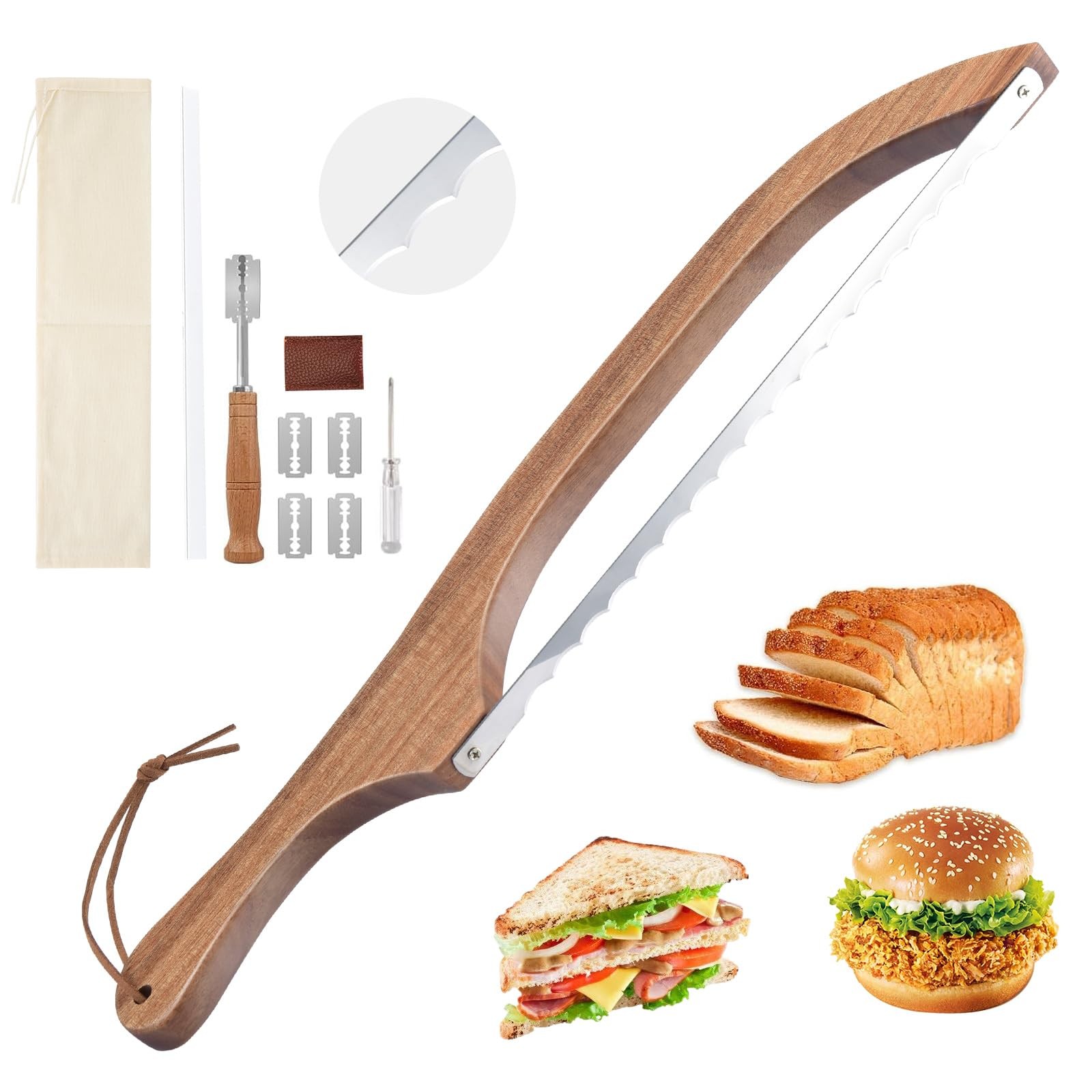 10 PCS Bread Knife Set Sourdough Slicer Wooden Bow Fiddle Design 15.6 Inch