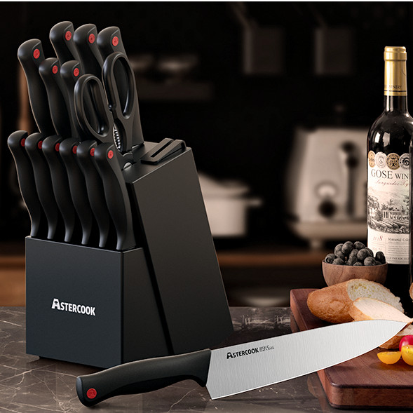 Astercook 14-Piece Knife Set w/ Block & Sharpener, German Stainless Steel