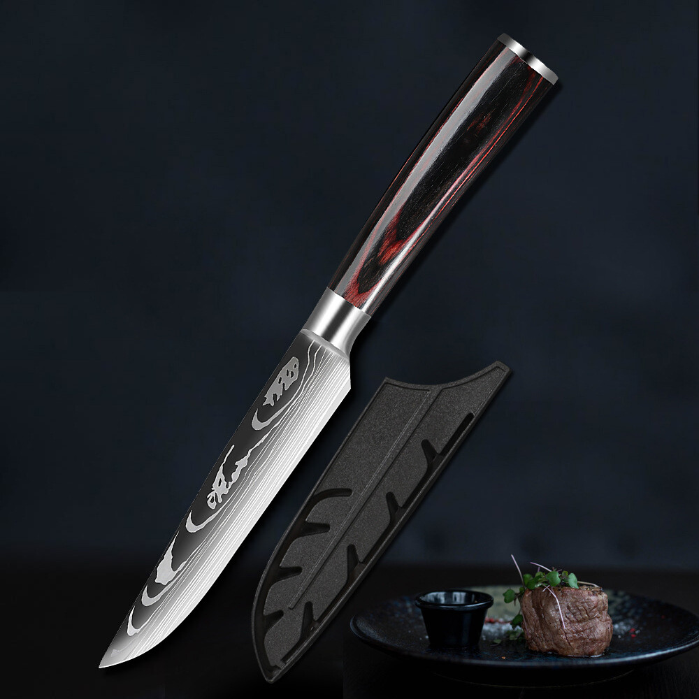 1-4PCS 5″ Steak Knives Set Razor Sharp 7Cr17 Steel Damascus Pattern Pakkawood