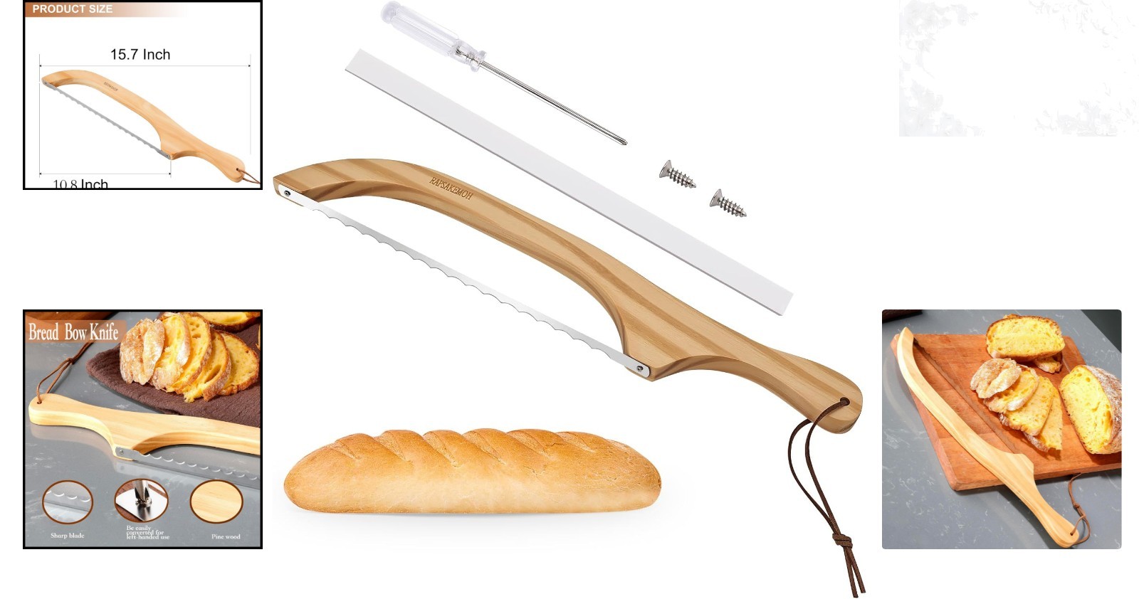 Sourdough Bread Knife 15.7 Inch Serrated Bow Design Wooden Handle