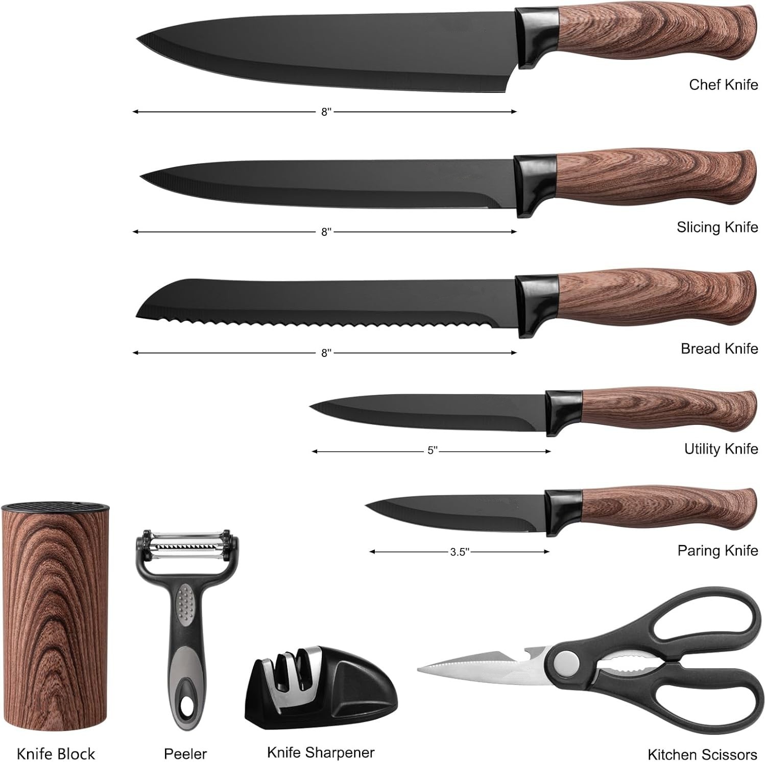 Juego De Cuchillos De Cocina De 9 Piezas Con Bloque Y Afilador, Juego De Cuchill