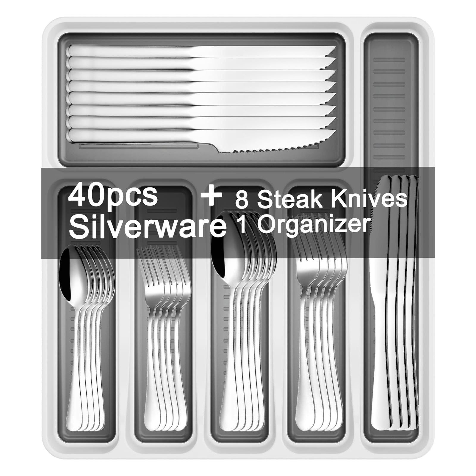 Stainless Silverware Set 49 PCS Cutlery Organizer Steak Knives Service For 8