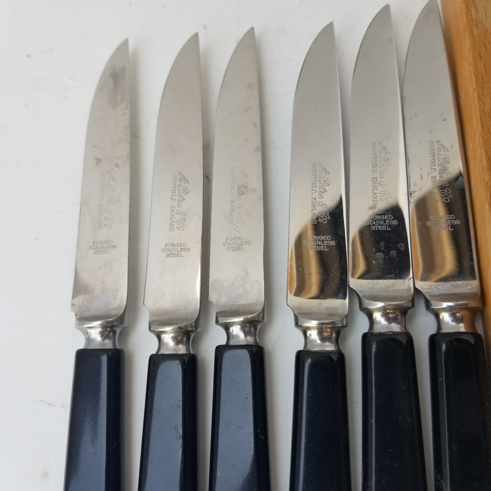 A. Petre & Co. Sheffield England 6 Piece Table Knife Set w/ Original Wood Block