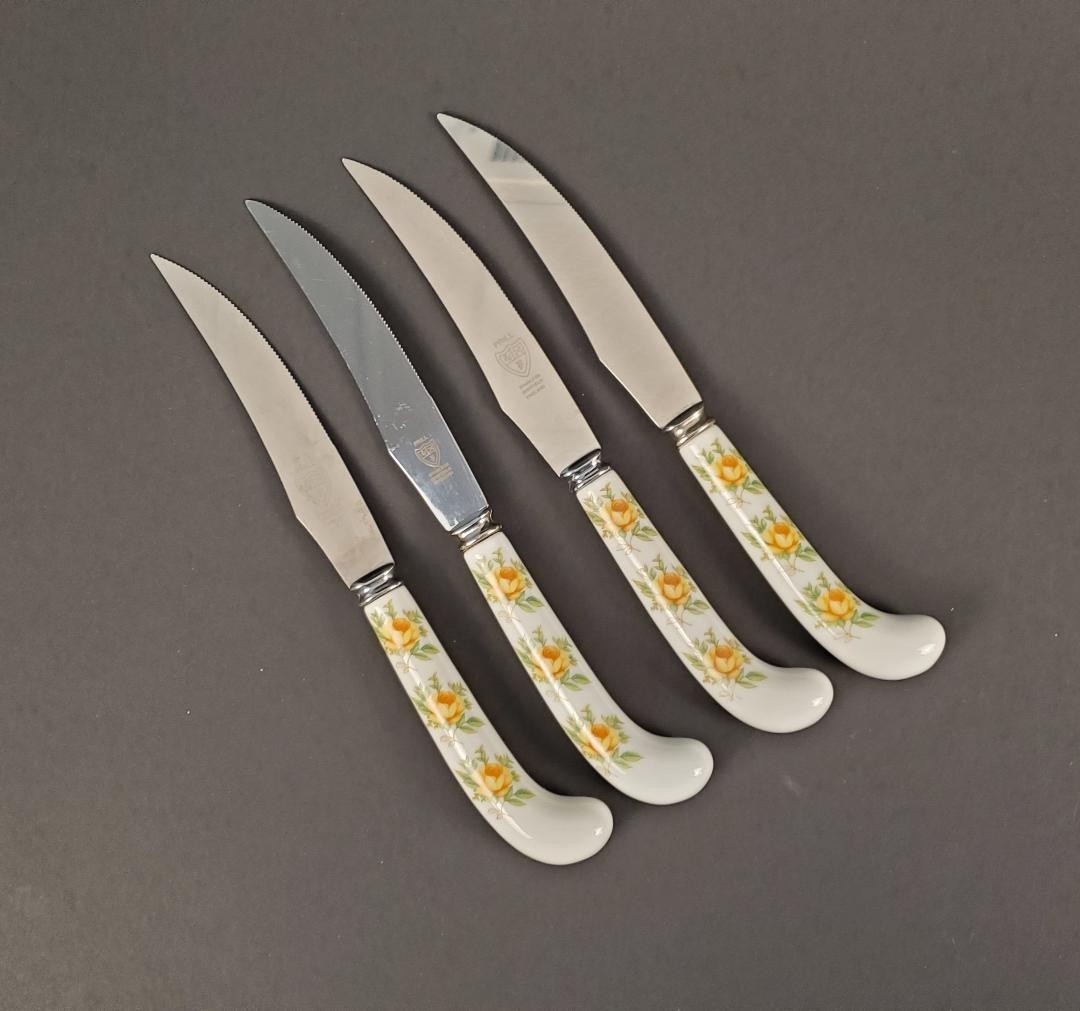 Prill of Sheffield England Set of 4 Steak Knives Porcelain Handle Yellow Rose
