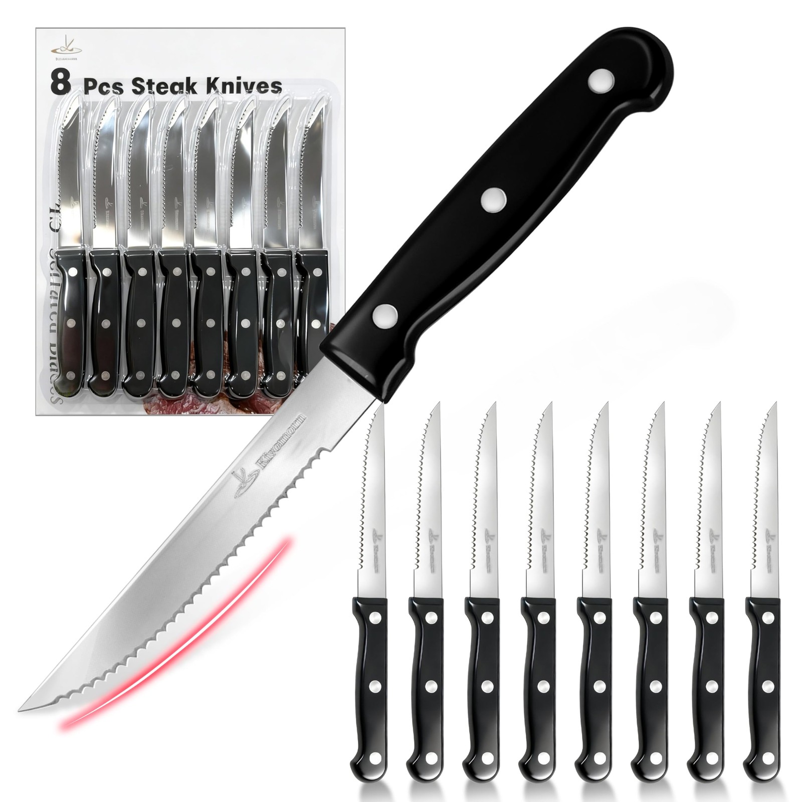 Upgraded Steak Knives Set of 8, Uncoated Stainless Steel Serrated Steak Knife…