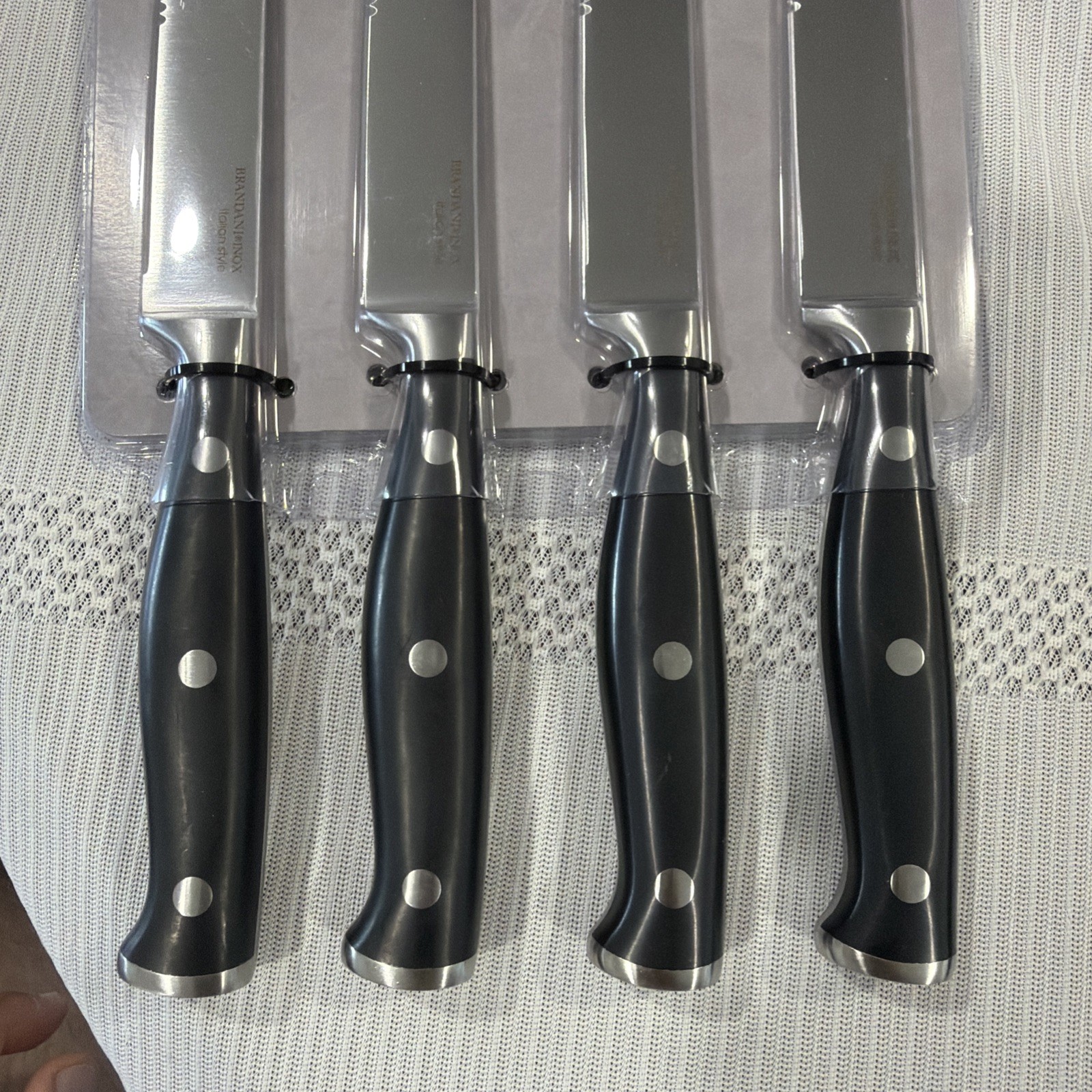 SET OF (4) AUTHENTIC BRANDANI BLACK HANDLE SERATED STEAK KNIFES Italy inox rare