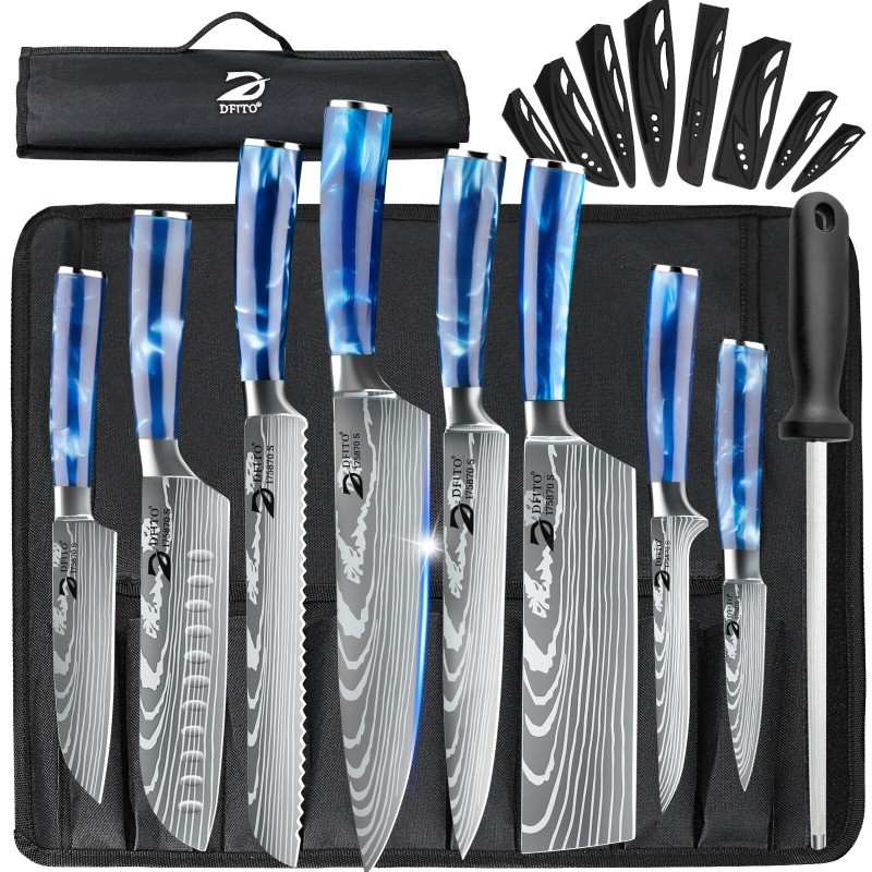 8Pcs Kitchen Knife Set Professional Damascus Pattern Chef Knives With Bag Blue