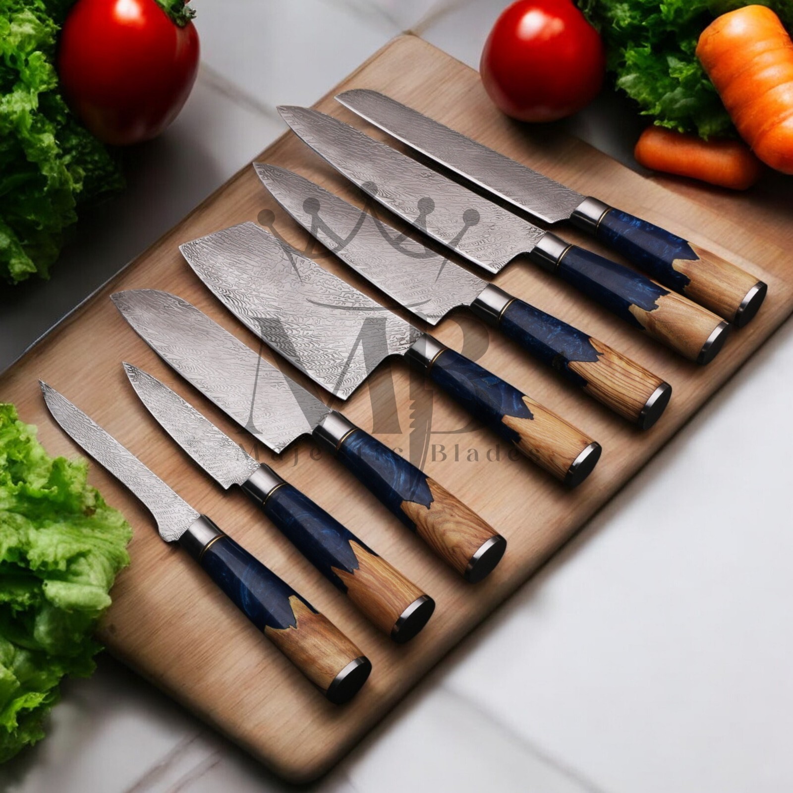 STUNNING 7PCS DAMASCUS STEEL KNIFE SET WITH BLUE RESIN BURL WOOD HANDLE