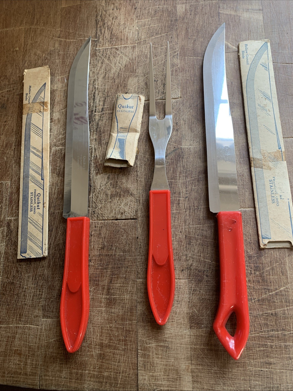 3 Quikut Hollow Ground Stainless Steel Carving Knife Fork Red Bakelite Handles