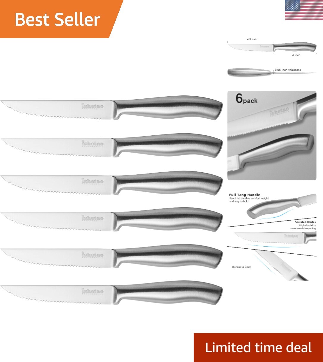6-Piece High Carbon Stainless Steel Steak Knife Set – Dishwasher Safe & Sharp