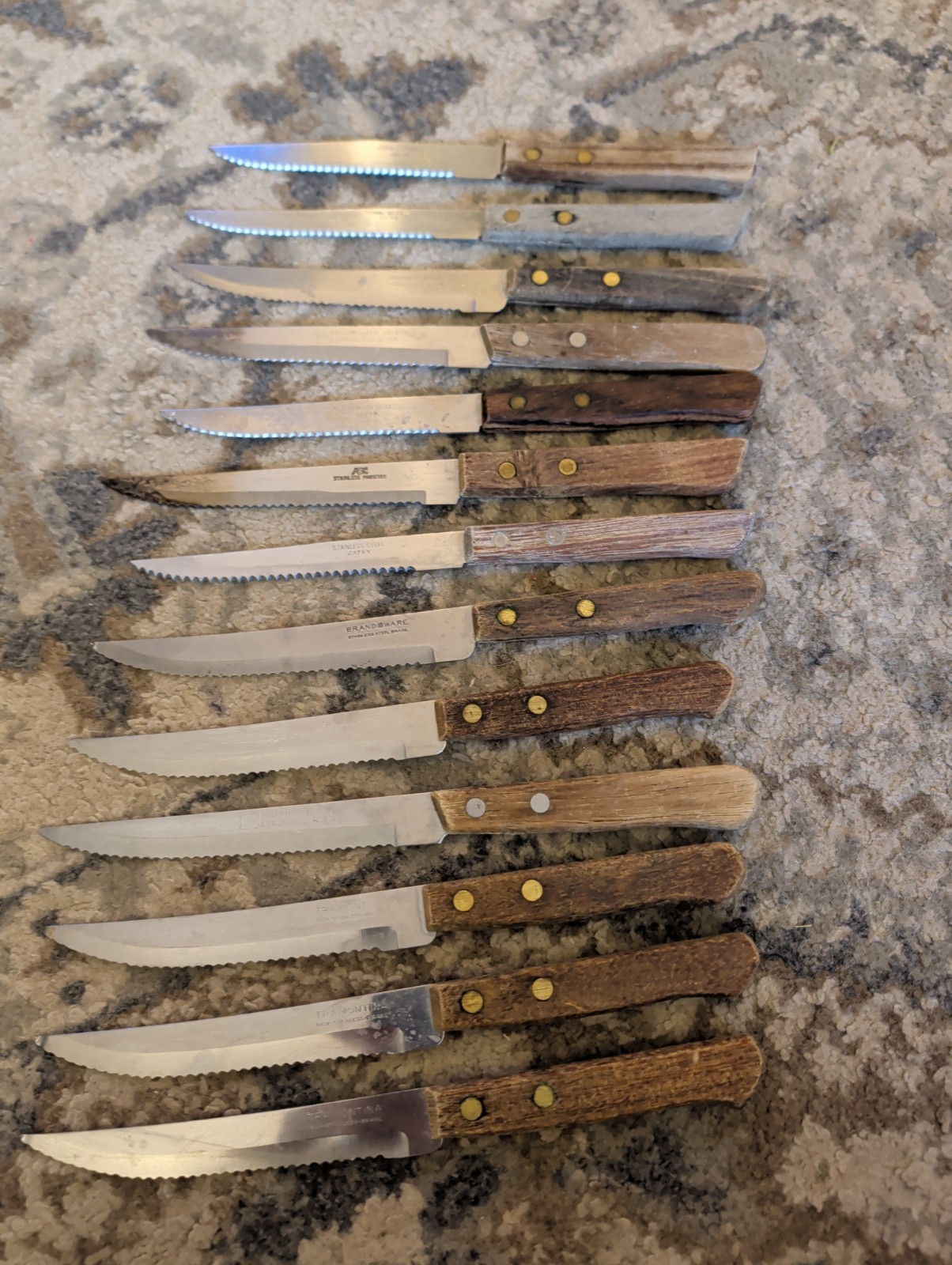 VTG 13 Lot Bloomfield , ABC, BRAZIL, BRANDWARE , JAPAN Steak Knives 8.5”