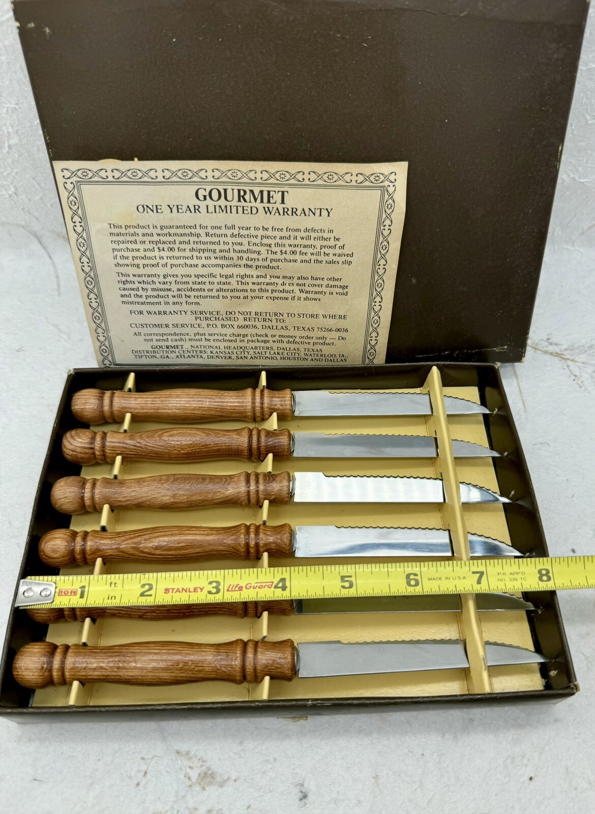 VTG 1970s Gourmet Turned Wood Handle Steak Knife Set Of 6 Made In Taiwan MCM