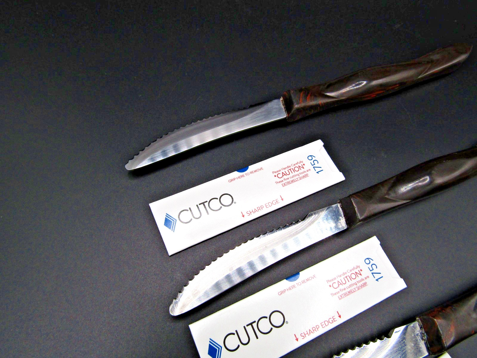 Quality Cutco x4 Lot Table 1759 A78 Serrated Knives Orange Swirl Handle Serviced