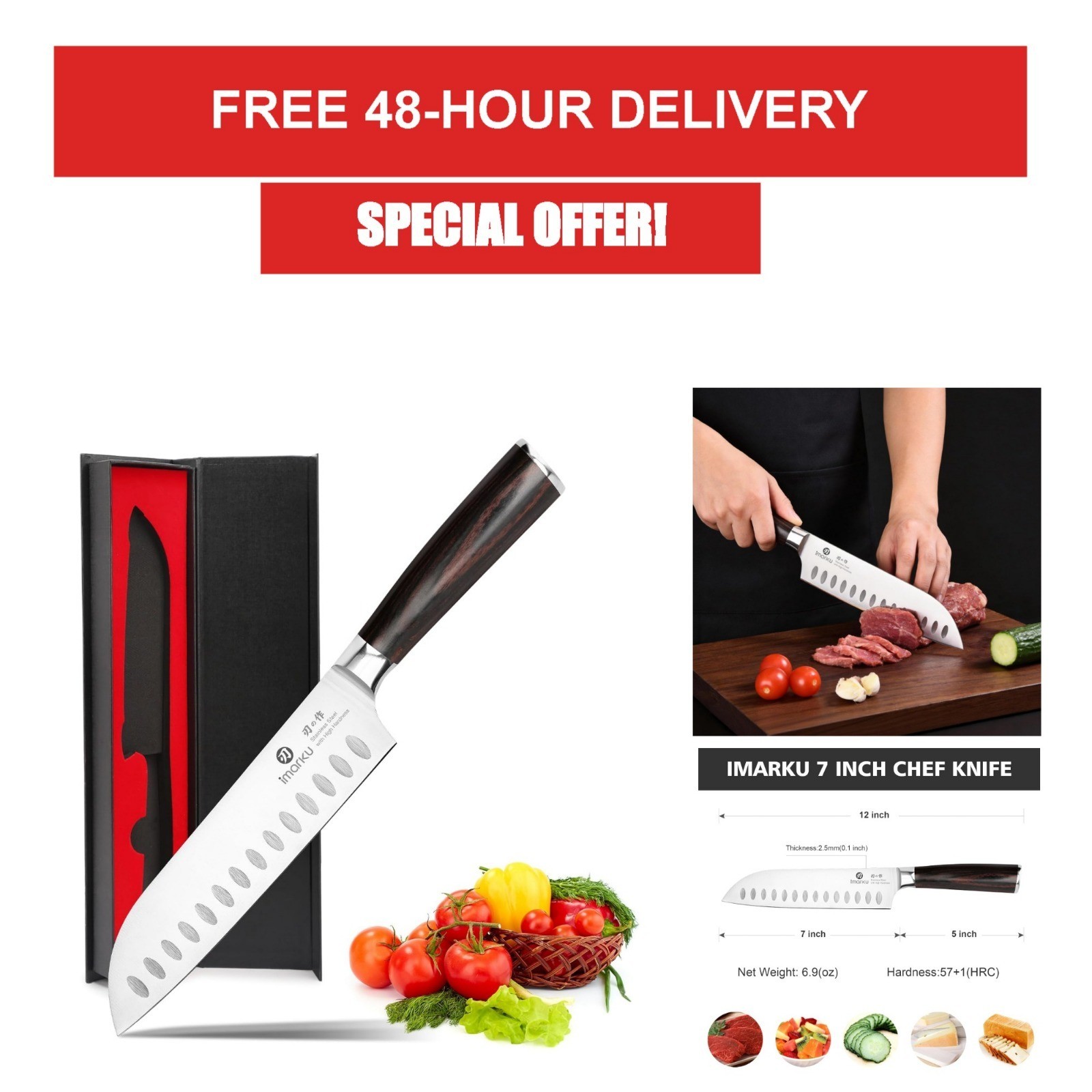 imarku 7 Inch Santoku Knife – High Carbon Stainless Steel Chef Knife