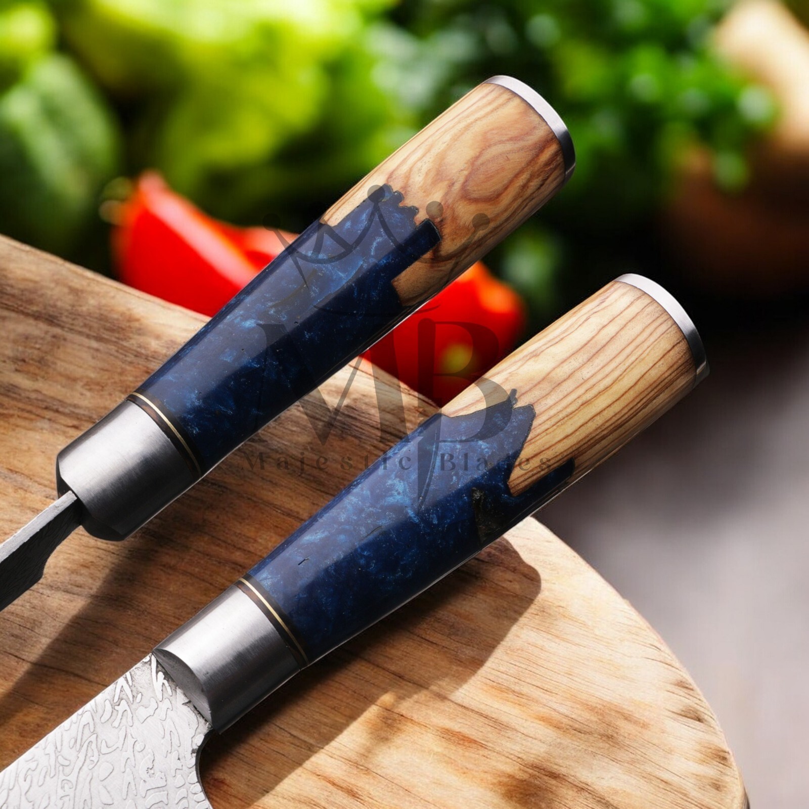STUNNING 7PCS DAMASCUS STEEL KNIFE SET WITH BLUE RESIN BURL WOOD HANDLE