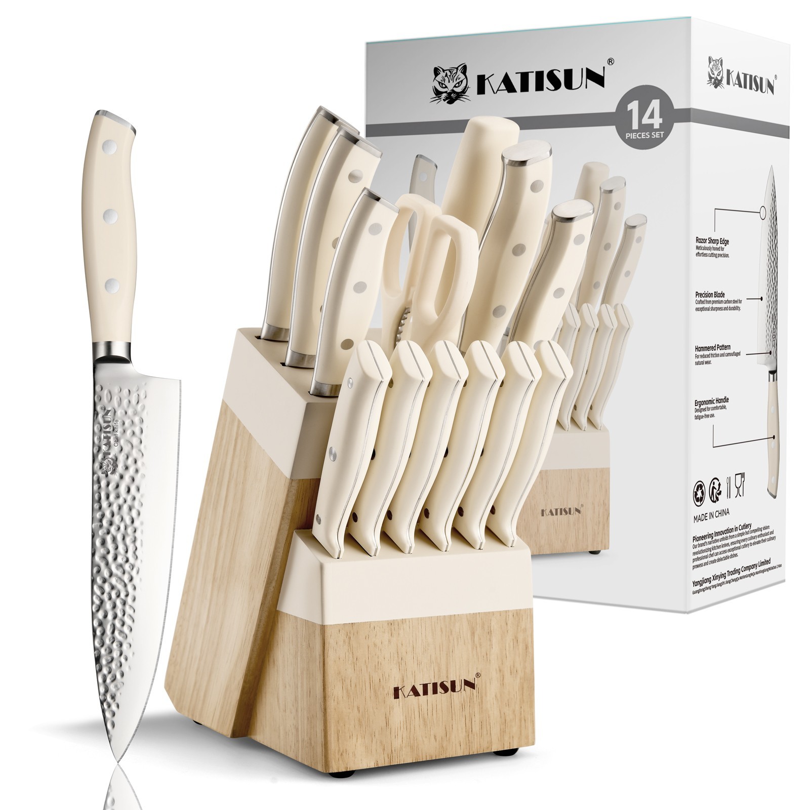Professional 14-piece high-carbon stainless steel knife set in cream white