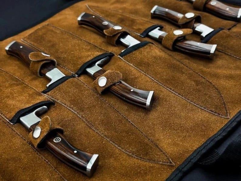 Hand-Forged Damascus Steel Chef Set | 9-Piece Set With Leather Sheath