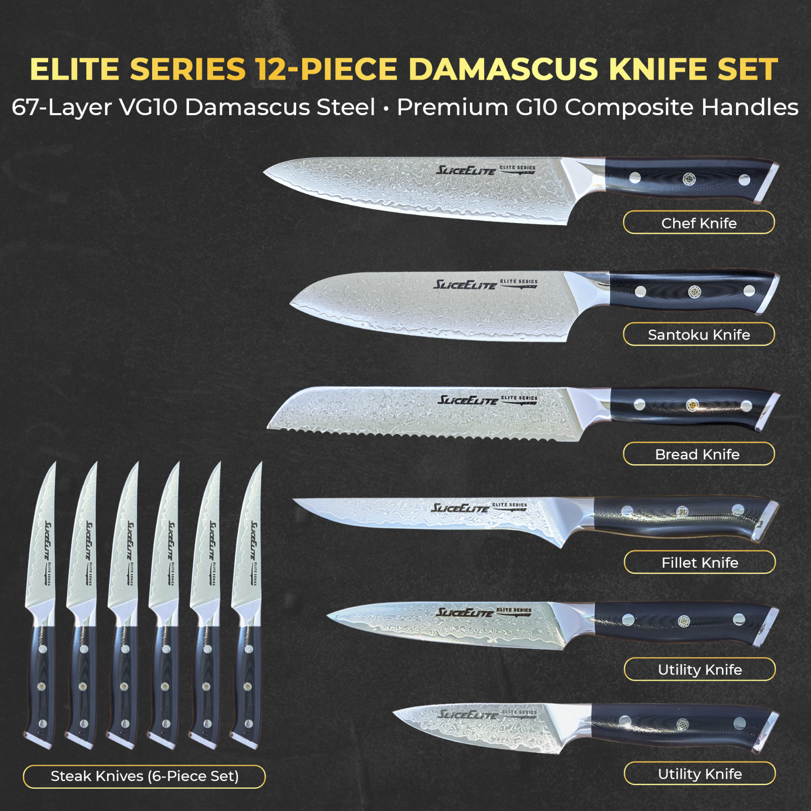 SliceElite Elite 12pc Damascus Knife Set VG10 Steel G10 Handle Gift Box