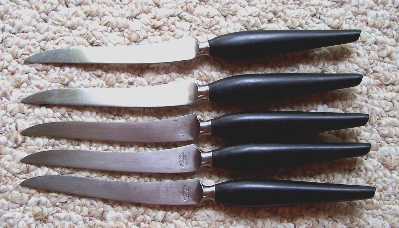 Vintage National Silver Co 5 Steak Knives Stainless Black Handle Mid Century
