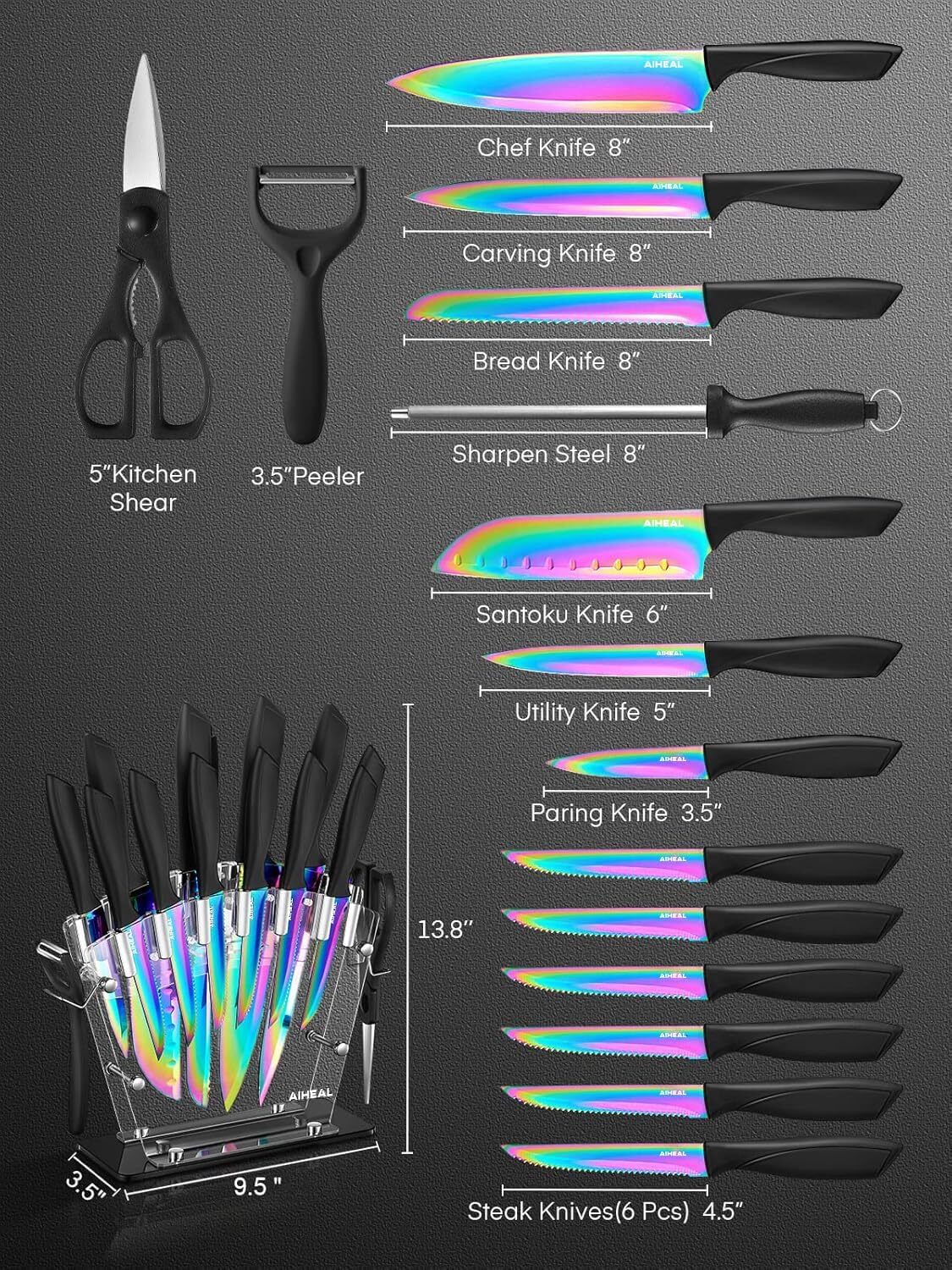 Knife Set, 16 Pieces High Carbon Stainless Steel Rainbow Color Kitchen Knife Set