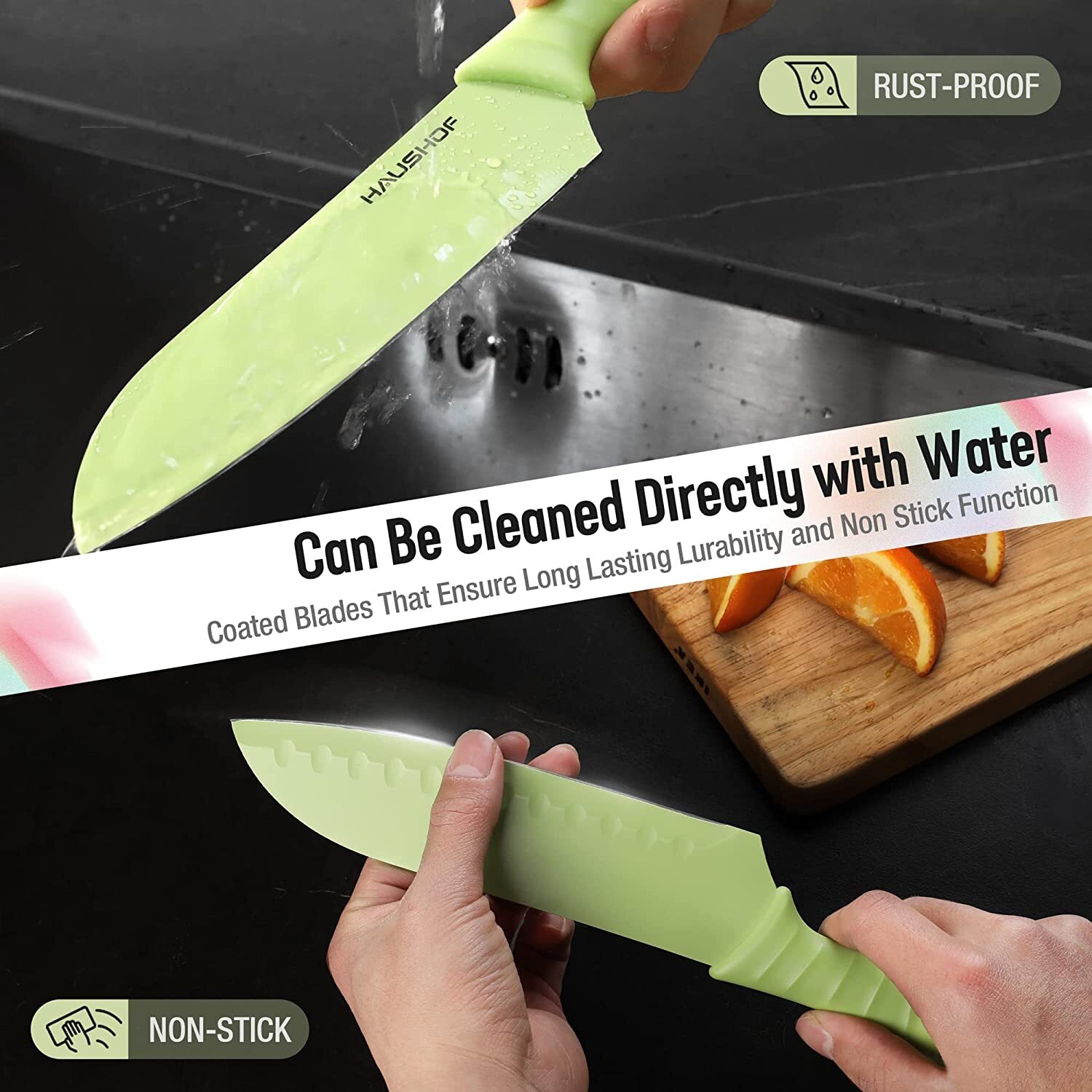 HAUSHOF 6PC Kitchen Knife Set Non-Stick Coated Stainless Steel Blades for Dicing
