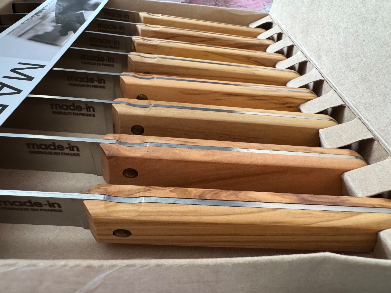 8 pc Made In Cookware 4.5″ Straight Steak Knife Set Olive Wood Handle France